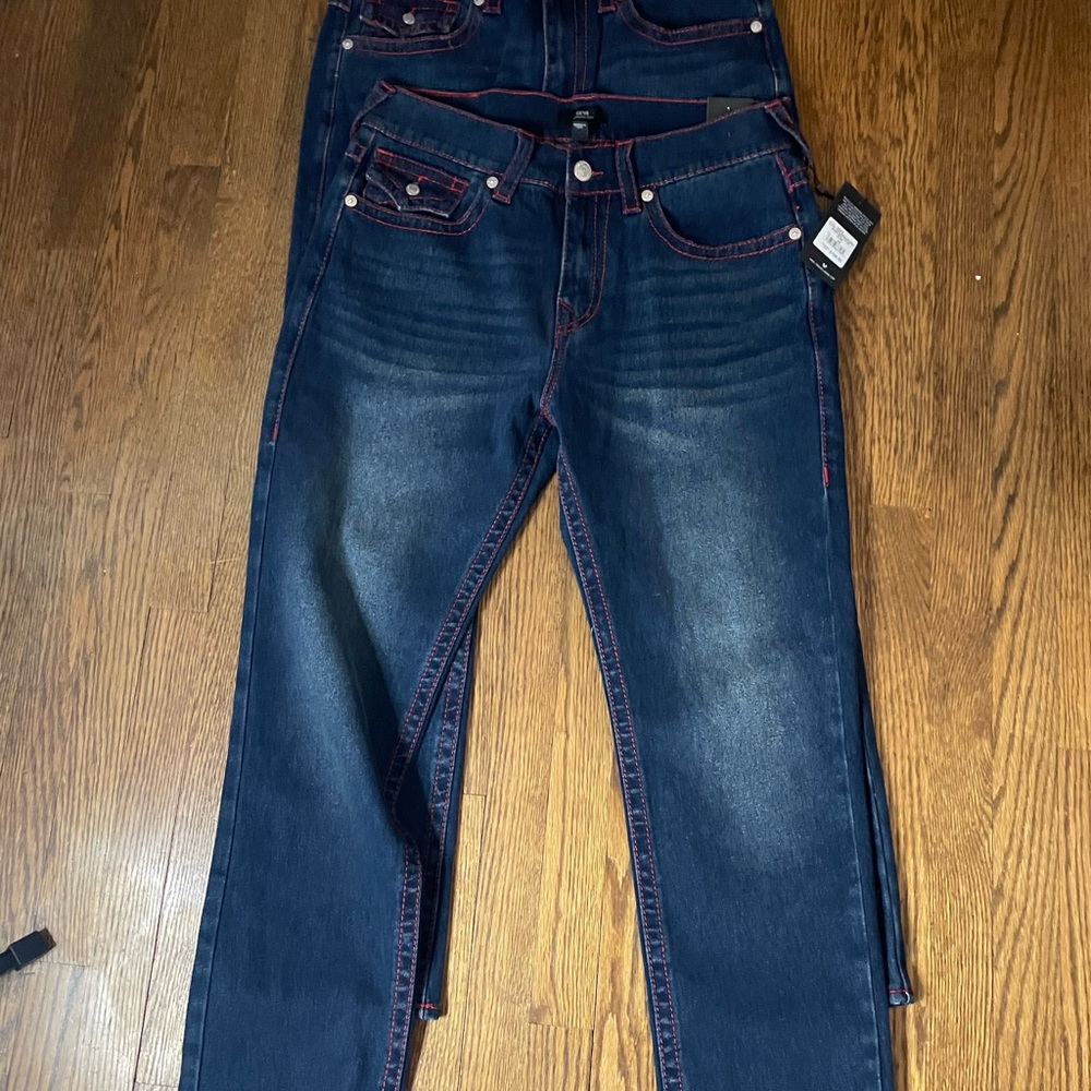 True Religion Dark Blue Straight Jeans with Red Stitching